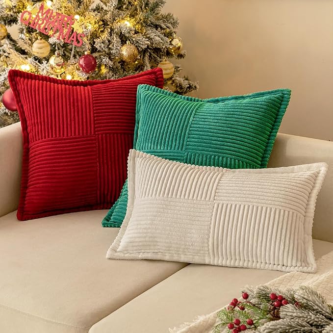 MIULEE Decorative Euro Sham Throw Pillow Covers 24x24 Inch Red 2 Pack | Boho Broadside Striped Patchwork Pillow Covers, Soft Corduroy Cushion Cases, For Bed Sofa Couch Livingroom Home Decor