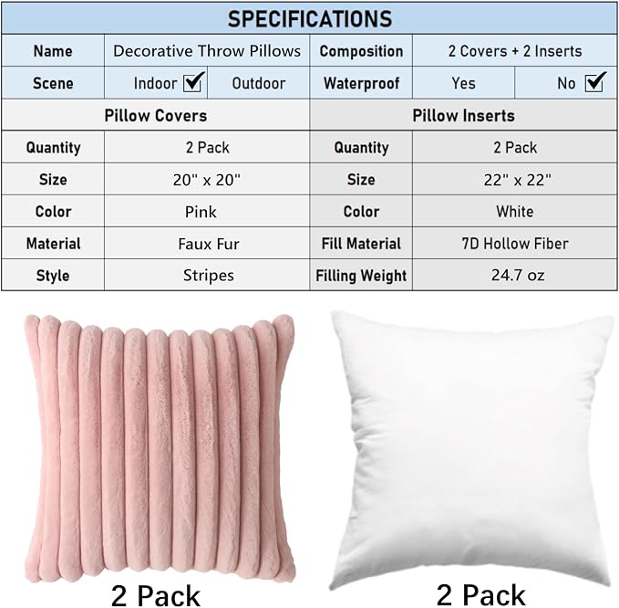 Decorative Throw Pillow with Inserts, Set of 2 Soft Faux Fur Throw Pillows, Square Boho Striped Pillow for Couch, Bed, Sofa Decor (Pink, 20" x 20"(Pack of 2))