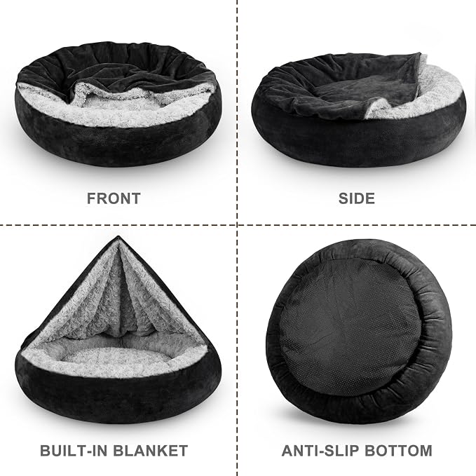 JOEJOY Small Dog Bed Cat Bed with Hooded Blanket, Cozy Cuddler Luxury Puppy Pet Bed, Donut Round Calming Anti-Anxiety Dog Burrow Cave Bed - Anti-Slip Bottom and Machine Washable 23 inch
