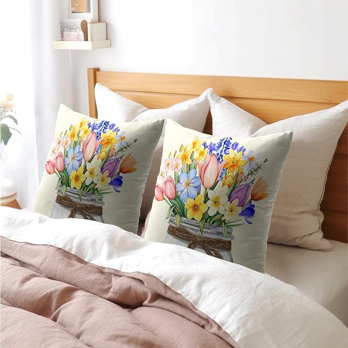 Kawani Spring Flowers Throw Pillow Covers 18x18, Set of 2 Colorful Tulip Floral Plants Mason Jar Easter Day Decor Pillowcase Cotton Linen Square Cushion Case for Sofa Couch Bed Outdoor
