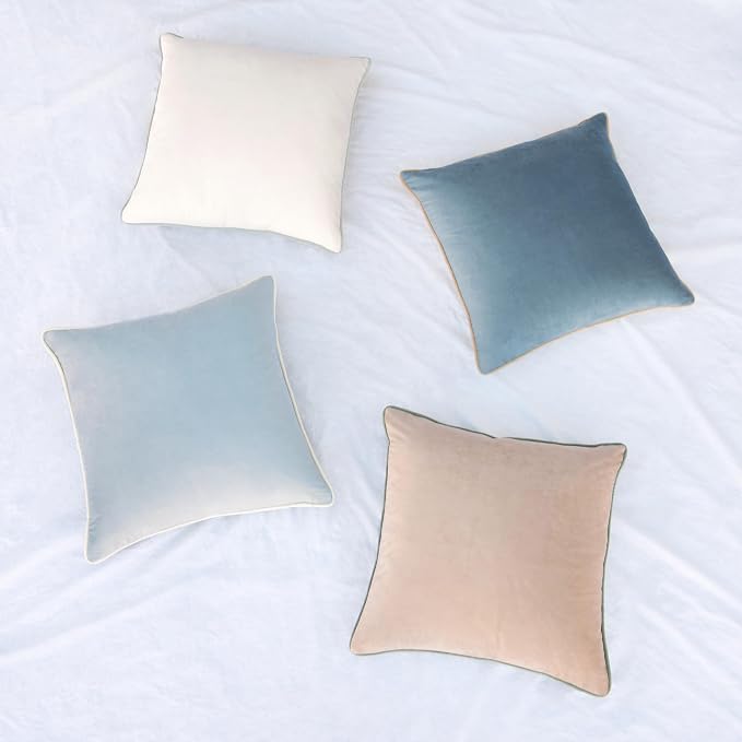 MONDAY MOOSE Decorative Throw Pillow Covers Cushion Cases, Set of 4 Soft Velvet Modern Double-Sided Designs, Mix and Match for Home Decor, Pillow Inserts Not Included (22x22 inch, Beige/Light Blue)