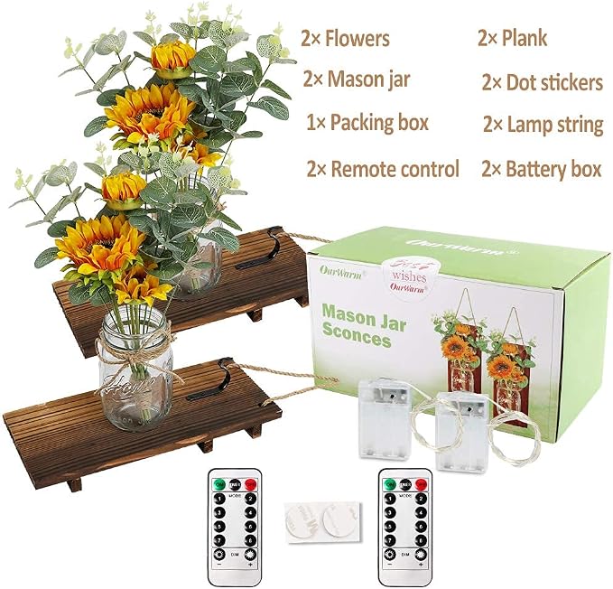 OurWarm Sunflower Wall Sconces Set of Two, Mason Jar Sconces Farmhouse Wall Decor Comes with Remote Control and Warm Toned LED Lights, Rustic Sunflower Decor for Home Kitchen Dining Room Living Room