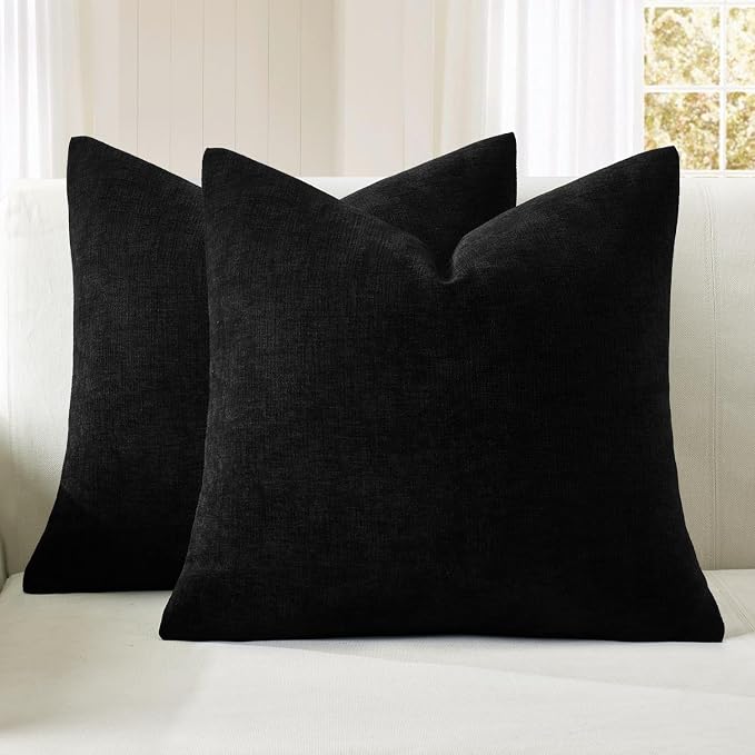 MIULEE Black Chenille Couch Throw Pillow Covers, 20x20 | Set of 2, Soft Halloween Decor, Modern Farmhouse Decorative Pillowcases for Sofa Living Room Bed