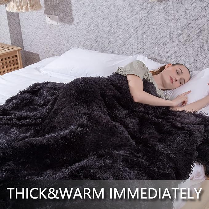 YUSOKI Long Faux Fur Throw Blanket, Black,50" x 60" | Ultra Soft, Lightweight for All Season Use, stays fluffy after repeated washes, Perfect Gifts, Machine Washable