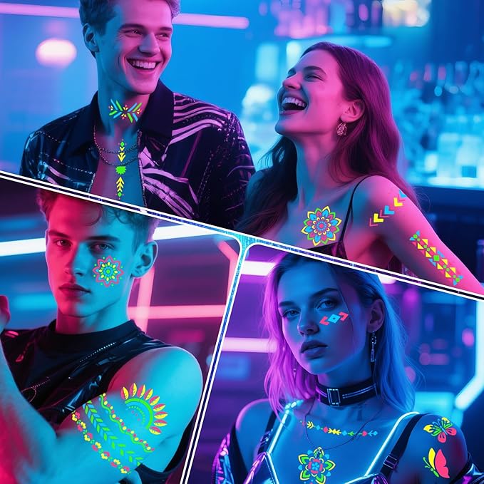 Glow in the Dark Face Paint Markers, UV Neon Body Paint Pen 4-Color + 8 Sheet Mandala Flower Bohemia Tattoos Stencils for Adult Teen Kid, Glow Party Nightclub Birthday Festival Christmas Washable