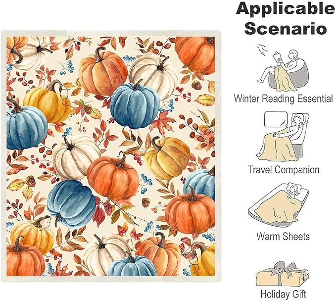 Fall Pumpkins Throw Blanket, Autumn Orange White Blue Pumpkins Leaves and Berries Soft Warm Fleece Blanket for Living Room Couch Bed Chair or Dorm, 40"x50"