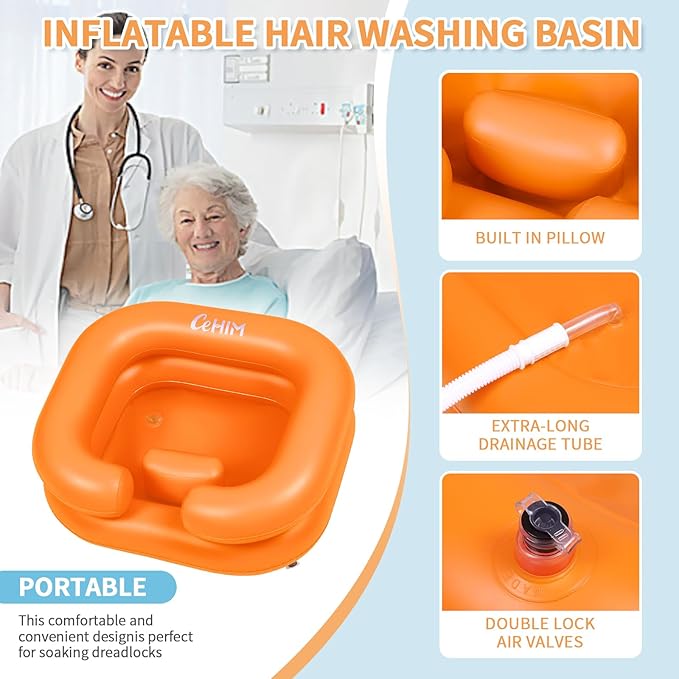 Inflatable Shampoo Basin - Portable Shampoo Bowl, Hair Washing Basin for Bedridden, Disabled,Injured, Hair Wash Tub for Dreadlocks and at Home Sink Washing (Orange)