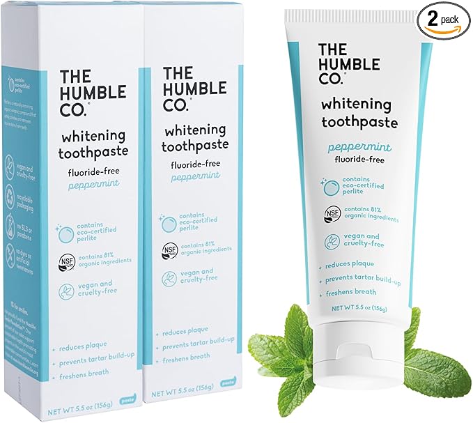 The Humble Co Fluoride-Free Teeth Whitening Toothpaste, Peppermint - Natural Whitening Toothpaste with Xylitol & Eco Certified Perlite for Adults - SLS Free Dental Oral Care & Hygiene - 2 Pack