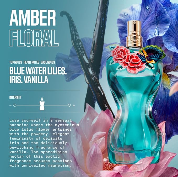 Jean Paul Gaultier La Belle Paradise Garden Eau de Parfum for Women - Long Lasting Floral Amber Womens Perfume with Blue Water Lily, Iris & Vanilla - Designer Fragrance Spray, 3.4 oz