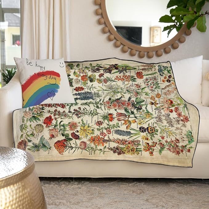 Vintage Flowers Throw Blanket 59”x51” Long Vertical Reference Illustrative Botanical Throws for Bedroom Aesthetic Floral Blankets Botanical Plants Throw Blanket Cute Bedroom Decor