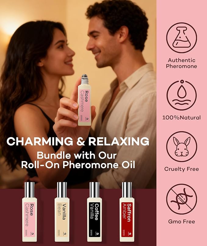purefittech Pheromones Perfume Oil for Women, Rose Cashmere Fragrance Roll-on Long Lasting Pheromone Perfume Oil, 0.68 fl oz (2 * 10ml) Travel Size Pure Essential Oil Parfum Made in USA
