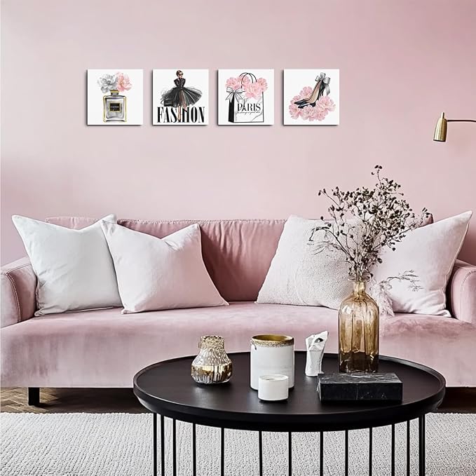 4 Pcs Pink Fashion Women Wall Art Pink Flowers Perfume High Heel Wall Decor