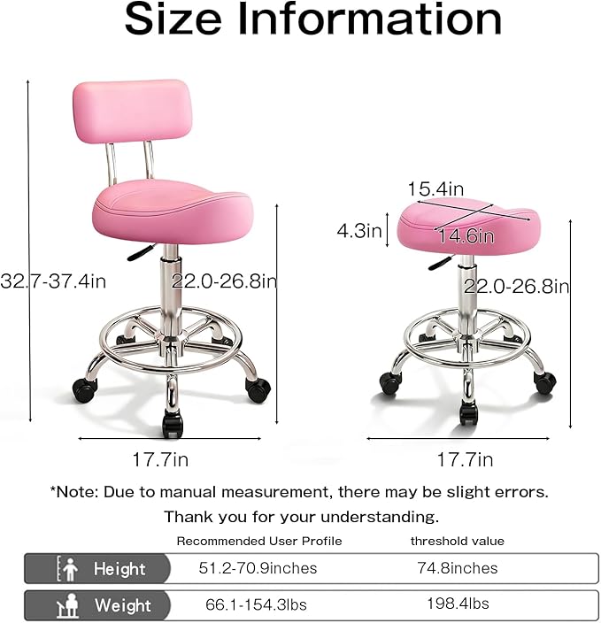 Saddle Stool with Back and Ring Pedal, Adjustable Hydraulic Rolling Chair with Wheels for Salon, Spa, Medical, Massage & Drafting Use Pink