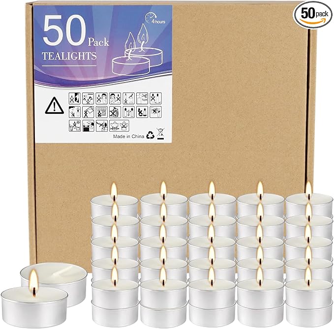Unscented Tealight Candles, 50 Pack Bulk Tea Lights, 4 Hours Long Burning, Smokeless White Votive Candles for Home Décor, Wedding, Party, Spa, Emergency, Holiday & Everyday Use | Mini Candles Bulk