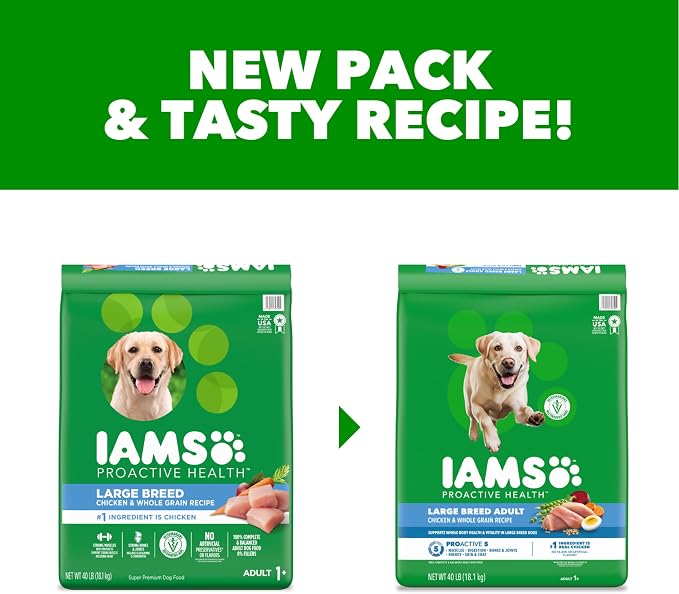 IAMS Proactive Health Large Breed Dry Dog Food, Chicken, 40 lb | Veterinarian-recommended, real chicken #1 ingredient, L-Carnitine for metabolism, Glucosamine & Chondroitin, optimal calcium