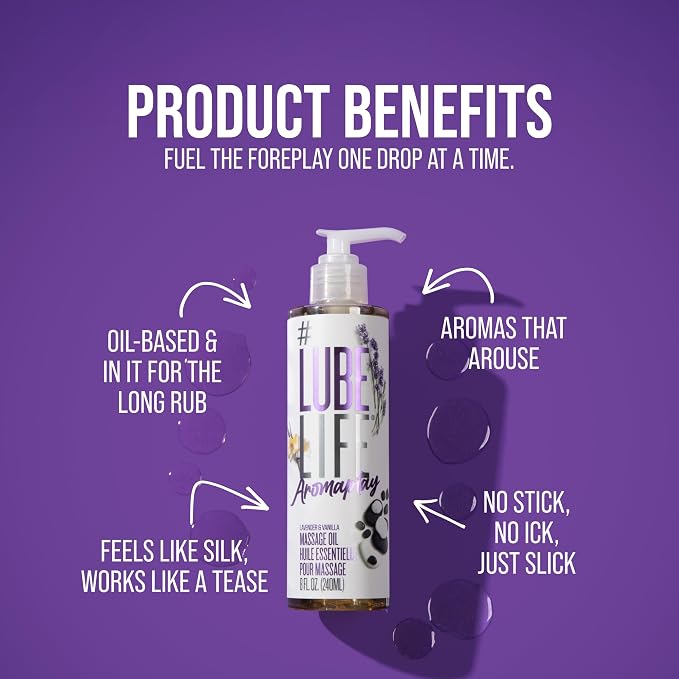 LUBELIFE Aromaplay Lavender and Vanilla Massage Oil, Essential Oil for a Relaxing Full Body Aromatherapy Massage, 8 Fl Oz