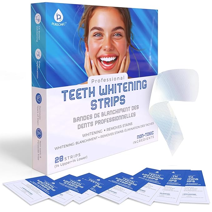 Pursonic Teeth Whitening Strips (28 Strips) - Non-Toxic & Peroxide-Free - Professional Instant Teeth Whitening at Home to Remove Coffee, Smoking, & Wine Stains