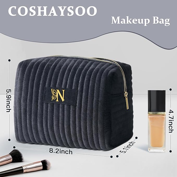 COSHAYSOO Travel Makeup Bag Quilted Make Up Pouch Initial Cosmetic Case with Butterfly Decorations for Women Birthday Easter Mothers Christmas Valentines Graduation Appreciation Gifts Black Letter N