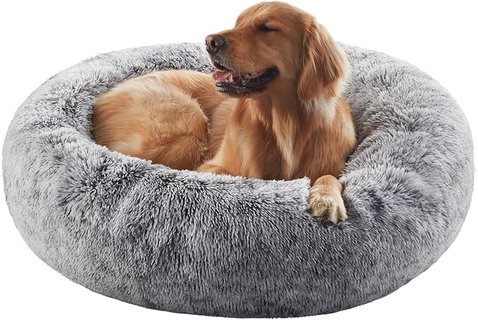 36 inches Faux Fur Fluffy Donut Dog Bed for Large Dogs,Dark Grey | Calming Plush Round Pet Bed with Removable & Washable Cover,Fits up to 80 lbs Pets