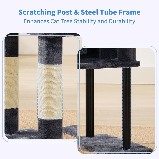 Heybly Cat Tree with Toy, 49.2 inch Cat Tower for Indoor Cats HCT200SG | Spacious Cat House Condo with Hidden Space，Soft Plush Top Perch，Cozy Hammock and Sisal Scratching Posts, Smoky Gray