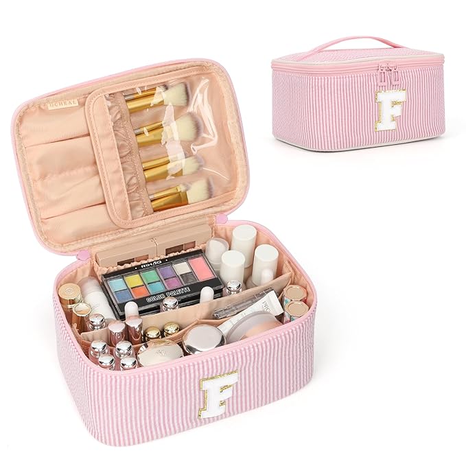 OCHEAL Makeup Bag Valentines Day Gifts for Women, Monogram Cosmetic Bag Pink Travel Makeup Case Beauty Toiletry Bag Organizer Personalized Gifts for Girls Bridesmaid, Sister, Wife, Friends Initial F