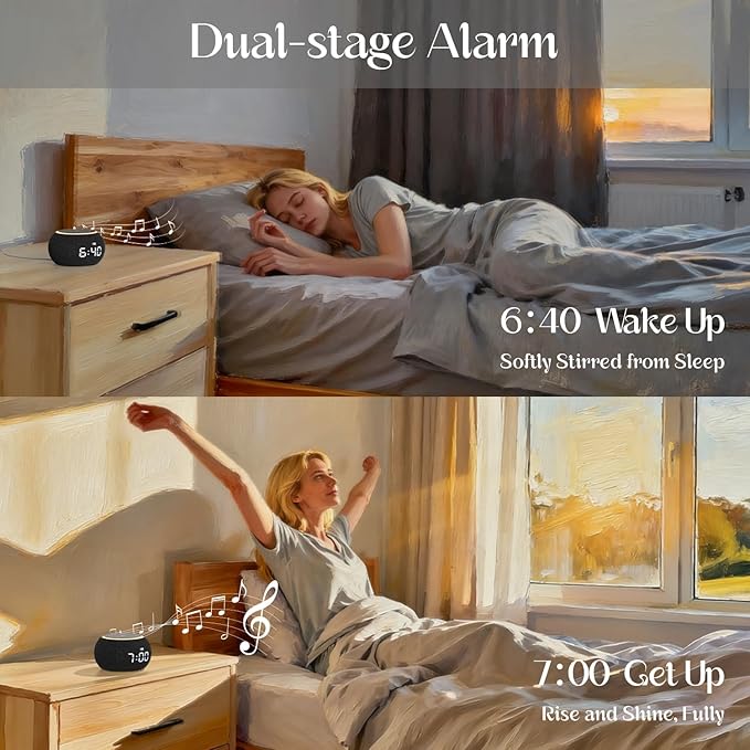 White Noise Sound Machine for Sleep, Dual-Stage Alarm, Snooze, Smart App Control, Custom Buttons, 507 Non Looping Soothing Sounds, Dimmable Clock, Timer, Night Light, for Baby Adults Kids Black