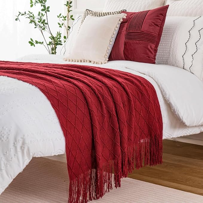BATTILO HOME Red Throw Blanket Large Fringe Fall Throw Knitted Bed Throws for Couch Sofa Indoor Outdoor, Red, 52 x 80 in.