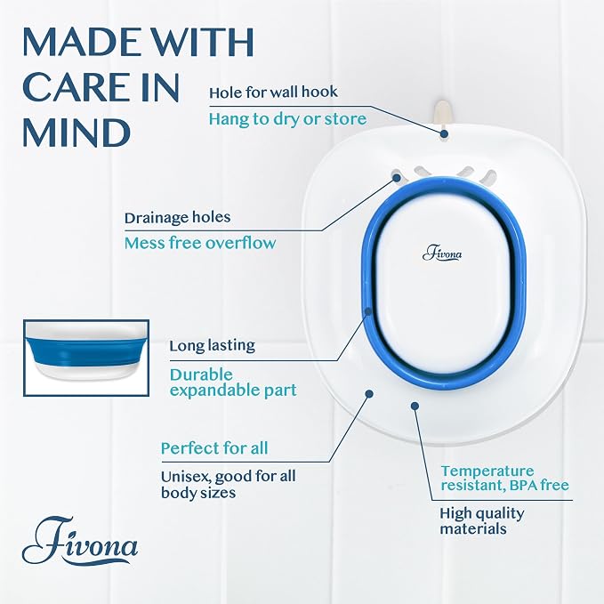 Fivona Sitz Bath for Toilet Seat Postpartum and Hemorrhoids Care - Yoni Steam Seat - Foldable Basin for Epsom Salt Soak - Portable Bidet BPA Free Temperature Resistant - Universal Fit - Blue