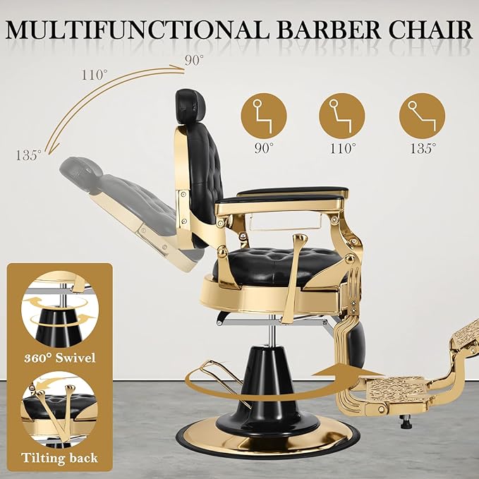 Vintage Barber Chair, Heavy Duty Recline Hair Barber Chair for Barbershop with Removable Headrest, Supports up to 550lbs & 360° Swivel, Professional Salon Beauty Spa Shampoo Equipment, Black Gold