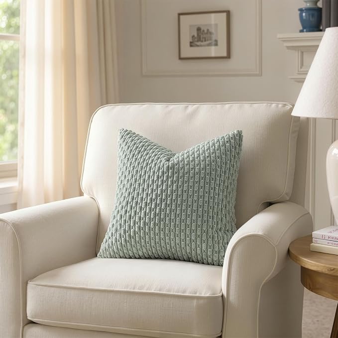 MIULEE Euro Sham Decorative Throw Pillow Covers 24x24 Grey Green Corduroy | Textured Striped Pack of 2 Striped Pillow Covers Modern Farmhouse Home Decor for Couch Bed Sofa Living Room
