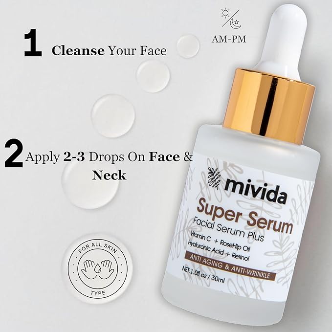 mivida Super Serum 4-in-1 Anti-Aging Face & Neck Serum | Retinol, Vitamin C, Hyaluronic Acid & RoseHip Oil | Reduces Fine Lines, Wrinkles & Dark Spots, Firms & Hydrates for a Youthful Glow – 1 Fl Oz