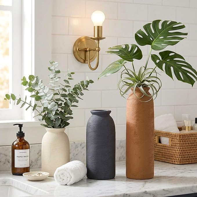 Ceramic Vase Set of 3, Small Flower Rustic Vases Home Table Decor, Modern Farmhouse Neutral Boho Pampas Pottery Vases Decorative for Centerpiece Mantel Entryway Shelf Living Room Kitchen