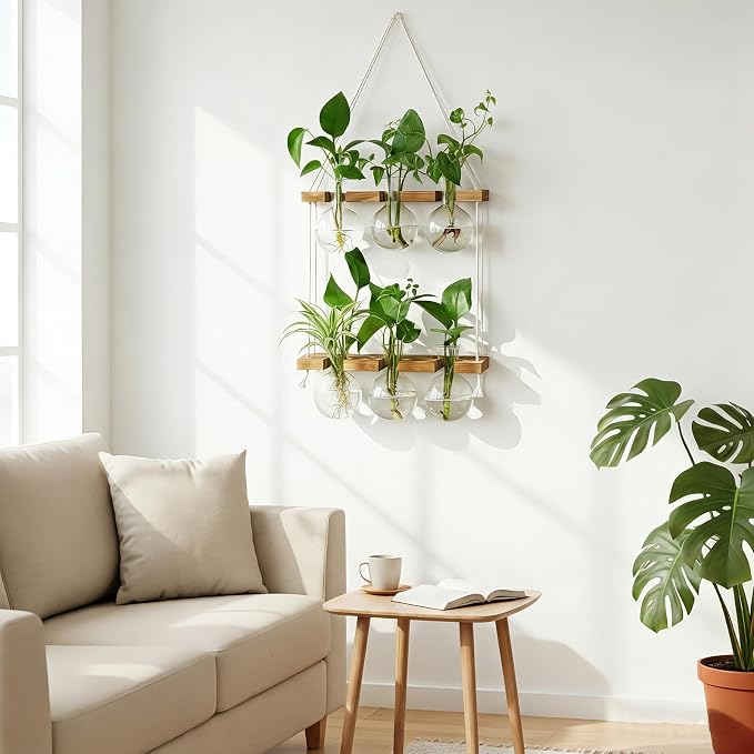 Plant Propagation Station Wall Hanging with 2 Tiered Wooden Stand | Plant Terrarium for Hydroponics Plants, Unique Gardening Gifts for Women Mom Plants Lovers - 6 Bulb Glass Vases