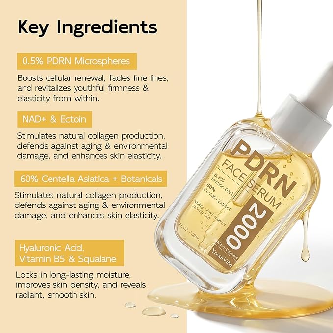 YouthVibe 0.5% PDRN Serum for Face, Anti-Aging Salmon DNA Face Serum with Hyaluronic Acid + Niacinamide + Squalane, Firming & Hydrating, Helps Smooth the Look of Fine Lines & Wrinkles, 30mL