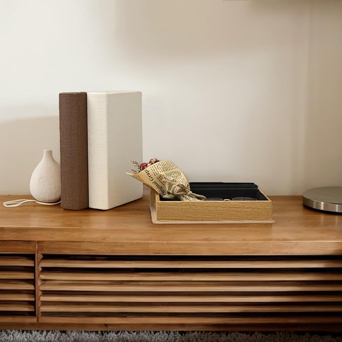 DECOR4SEASON Modern Linen and Wood Decorative Book Boxes, Set of 3 Earthy Neutral Faux Books for Bookshelf Decor, Coffee Table Storage Trays for Remotes & Jewelry, Brown, Taupe, and Off-White
