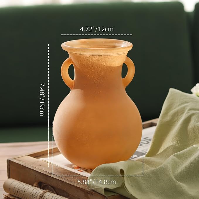 Brown Glass Vase with Handles - 7.5 Inch Rustic Terracotta Style Flower Vase, Vintage Decorative Round Bud Jar for Dried Flowers, Earthy Aesthetic Centerpiece for Modern Farmhouse & Boho Home Decor
