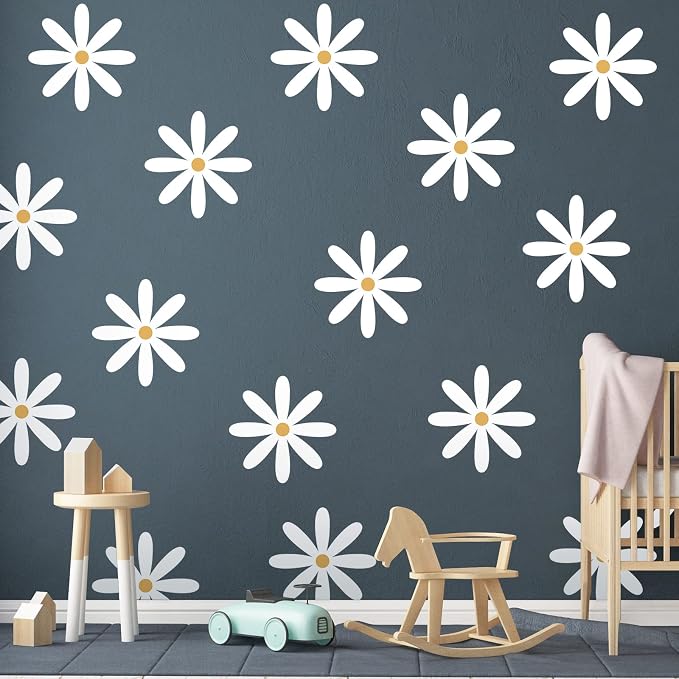 TaoBary 12 Sheet Daisy Wall Sticker Decal,White, Yellow,Fresh Style | Big Flower Wall Sticker, Pink White Floral Decal, Daisy Bedroom Room Decor, Removable Peel and Stick, Nursery Home Wall Decor