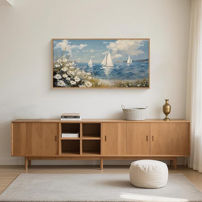 FWIEXA Coastal Wildflower Canvas Wall Art Framed, Ocean Sailboats Pictures Wall Decor, Beach Flower Seascape Painting, Blue Sky 20x40In Artwork for Living Room, Bedroom, Bathroom, Rustic Farmhouse