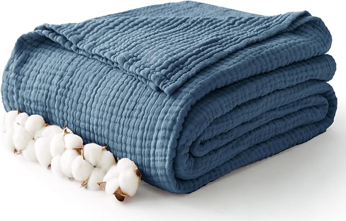 100% Cotton Muslin Blanket King 108" x 90", 6 Layers Breathable and Lightweight Cotton Throw Blanket for Bed, Soft Quilt Bedspread Coverlet, Gauze Blanket for Adults All Season, Dark Blue
