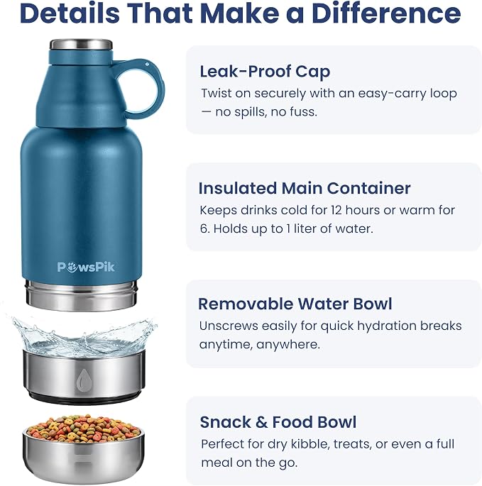 PawsPik 3-in-1 Travel Dog Water Bottle & Bowl Set, 32oz, Blue