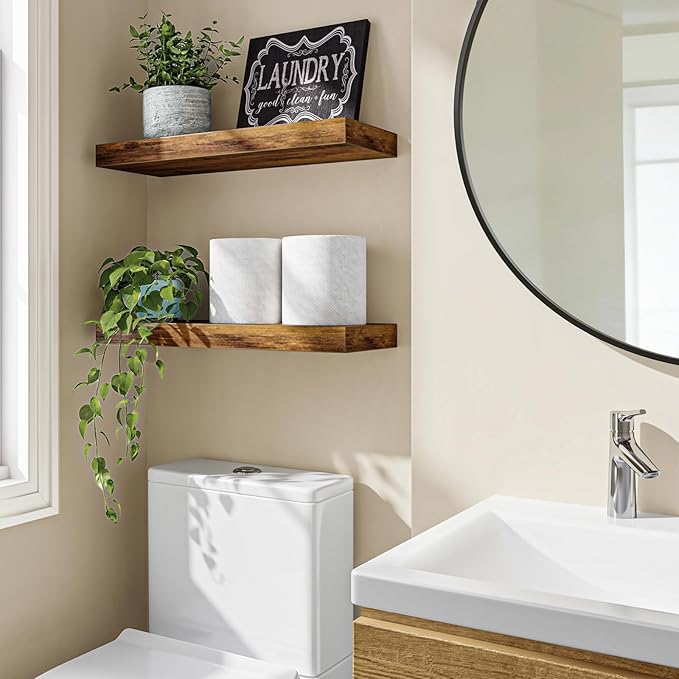 Fixwal Floating Shelves for Wall Decor (Rustic Brown, Set of 2, 15.7 Inch) | MDF Shelves with Metal Brackets, Space Saving for Books, Decor, Works in Bathroom, Kitchen, Living Room, Bedroom