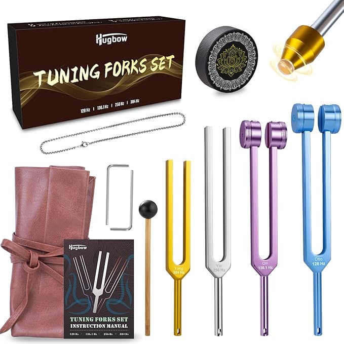 Tuning Forks for Healing, 4 PCS Aluminum Alloy Tuning Fork 128Hz, 136.1Hz, 256Hz, 384Hz, Hockey Puck Activator & Feet, Chain, Weighted & Unweighted Tuning Fork Set with Vegan Leather Pouch