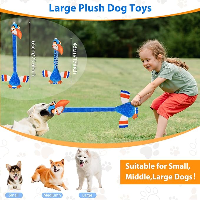 Squeaky Dog Toys for Large Dogs, Tough Tug of War Puppy Toy, Cute Animal Design Plush Dog Toys with Crinkle Paper, Dog Chew Toys for Small, Medium and Large Dogs
