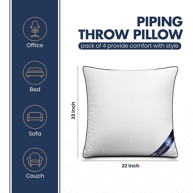 Utopia Bedding 22x22 Throw Pillow Inserts, Decorative Pillows, Pack of 4 | Piping Throw Pillows, Plush & Supportive, Aesthetic Cushion Sham Stuffer for Sofa, Office, Couch & Bed, Set of 4, White