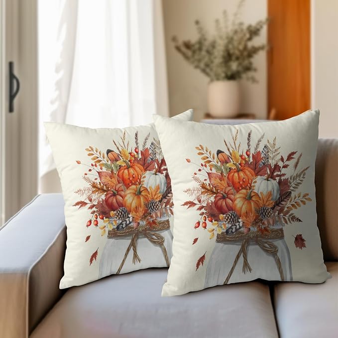 Kawani Vintage Fall Pillow Covers 16x16 Inch Set of 2 Orange Pumpkin Autumn Leaves Floral Cotton Linen Pillowcase for Couch Sofa Seat Bench Farmhouse Rustic Living Room Decor