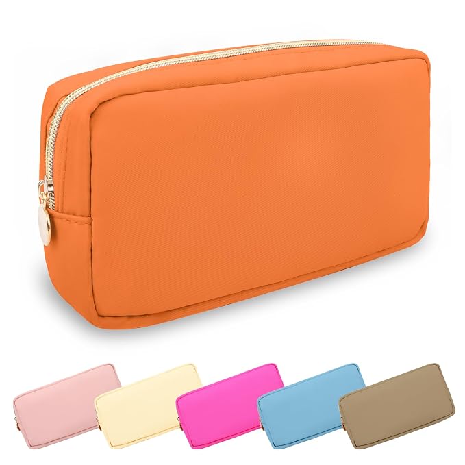 UIXIZQ Small Makeup Bag Pouch for Purse, Nylon Travel Toiletry Storage Bag Cute Preppy Cosmetic Bag for Women Girls, Waterproof Makeup Organizer Bag Pouch Skincare Bag Purse with Zipper (Small-Peach)