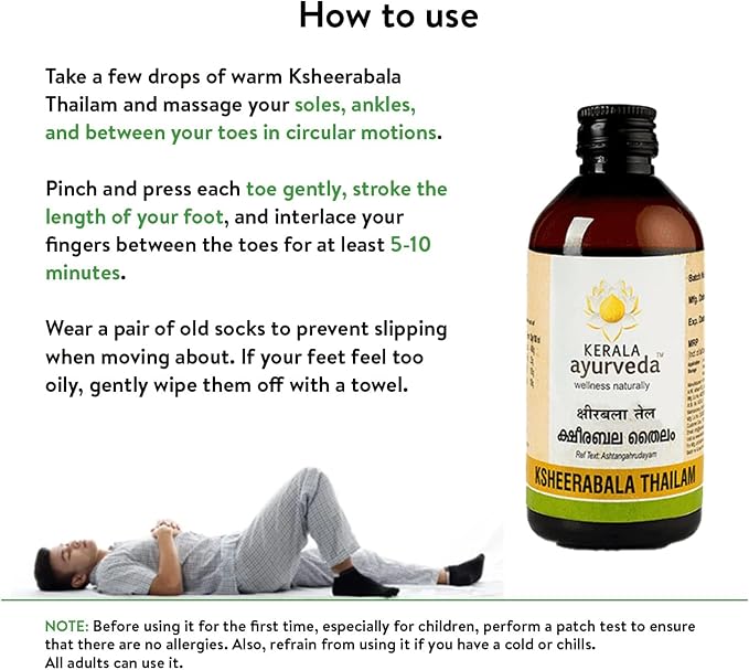 KeralaAyurved Ksheerabala Thailam | Foot Massage Oil with Bala & Cow’s Milk in Sesame Oil | Relaxation, Destress | Herbal | A Soothing Blend to Support a Relaxing Experience (6.76 Fl Oz)