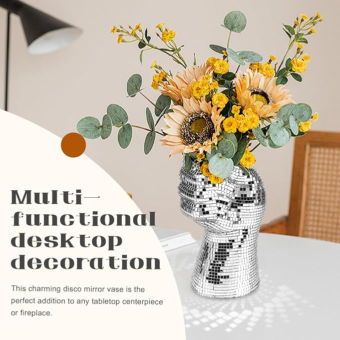 1Pcs Fist Shape Disco Vase, Silver Mirror Finish Fist Shape Design Disco Ball Planter, Home Living Room Balcony Study Desk Party Decor.