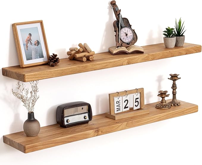 Floating Shelves for Wall, 40"Wx8"D Rustic Solid Elm Wood Floating Shelves Wall Mounted, Round Edge Wall Shelves with Invisible Bracket for Living Room Bathroom Bedroom Kitchen, Set of 2, Natural