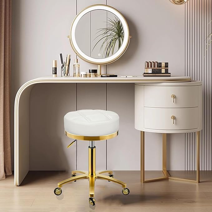 Gold Rolling Vanity Stool with Wheels, Salon Spa Tattoo Massage Pedicure Chair, PU Leather Roller Chair, 43-55cm Height Adjustable Office Work Swivel Stool (White, Without Back)